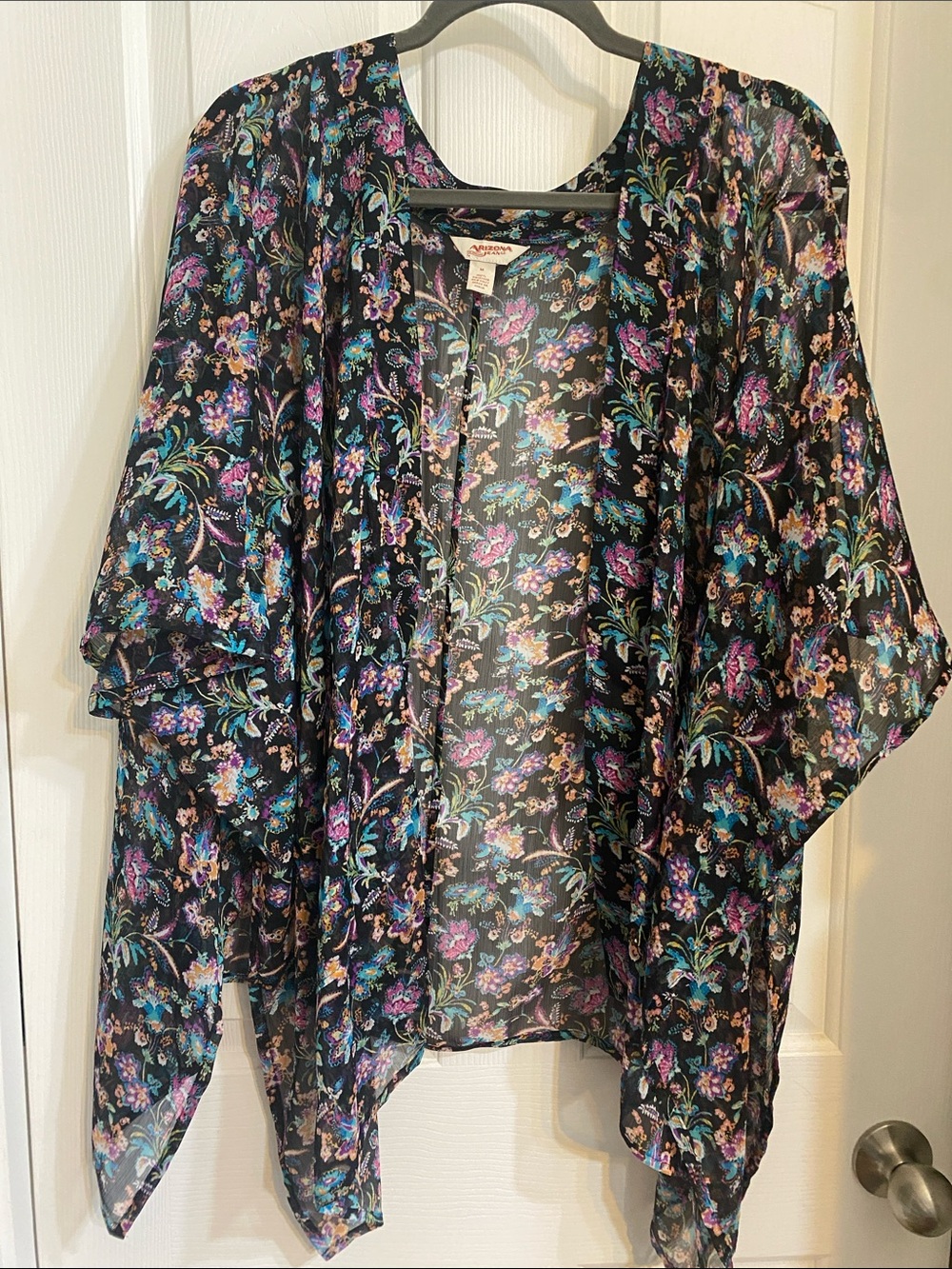 Arizona Jean Company Sheer Floral Open Kimono — Black with Purple, Teal & Pink